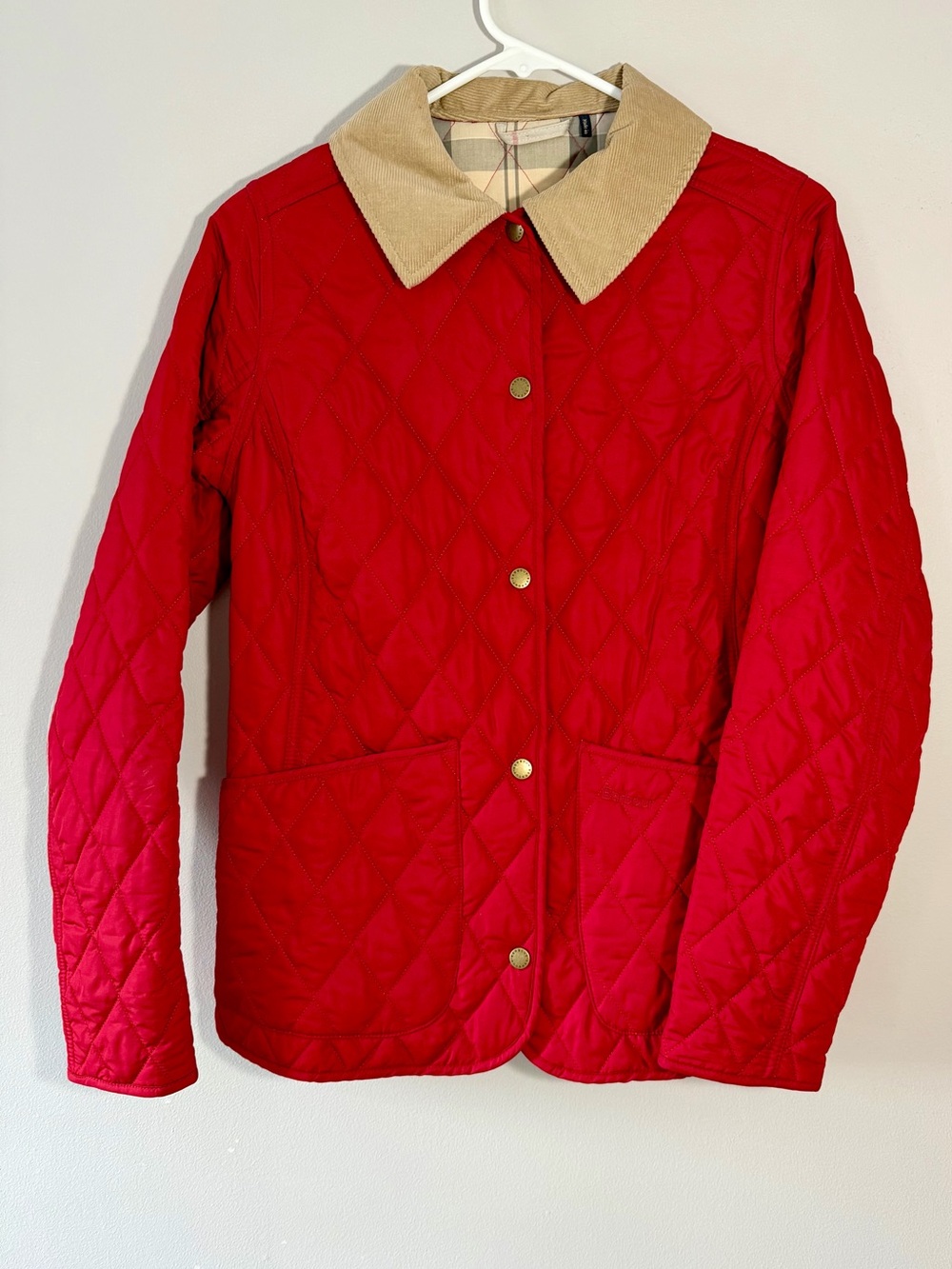 Barbour Red Quilted Puffer Jacket with Tan Corduroy Collar